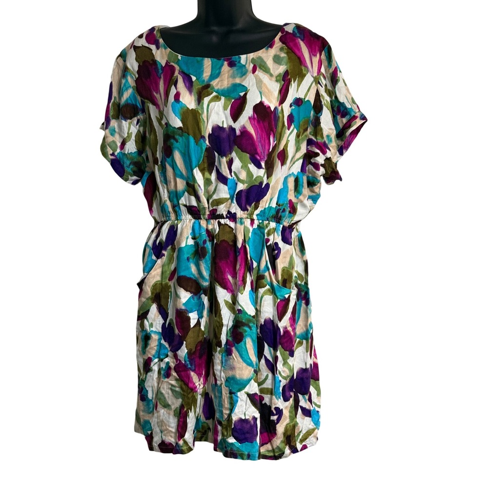 Jessica Howard Women 14P Floral Watercolor Dress Purple Teal Elastic‎ Waist